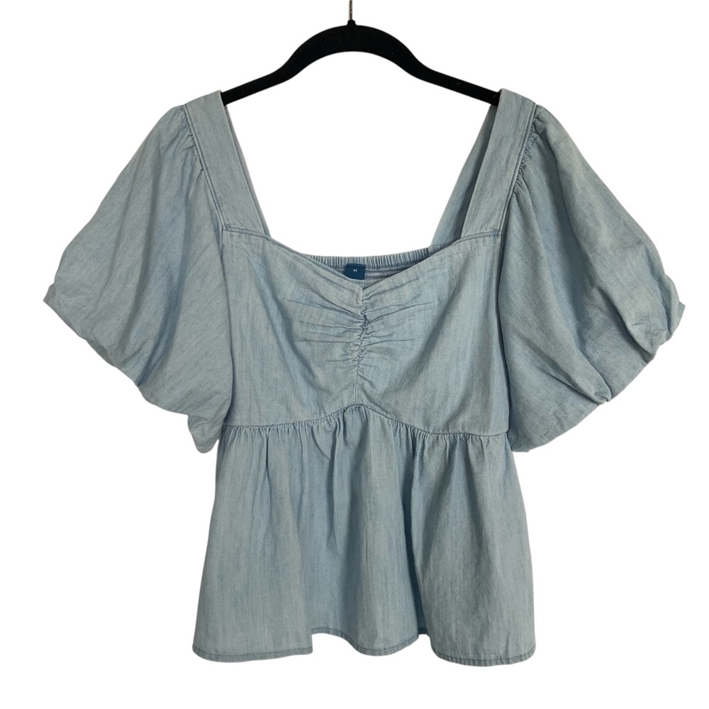 Old Navy Womens M Cotton Chambray Denim Light Blue Short Sleeve Top